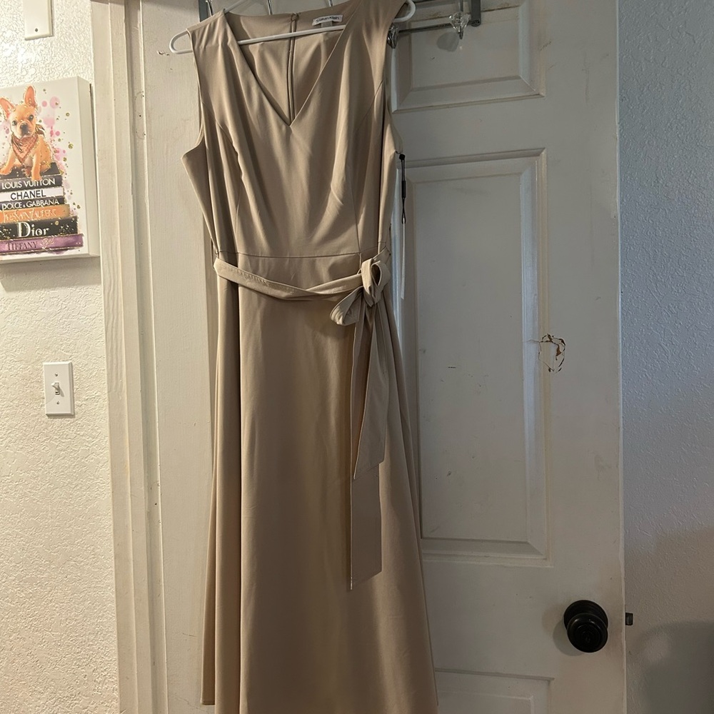Calvin Klein Sleeveless V-Neck Midi Dress in Beige with Tie Waist